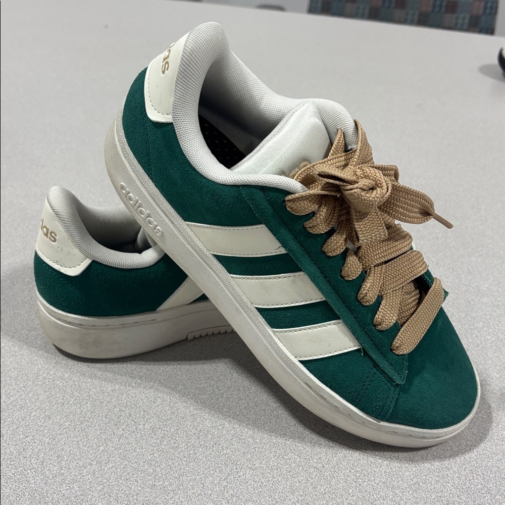 adidas Green and White Suede Athletic Sneakers with Tan Laces